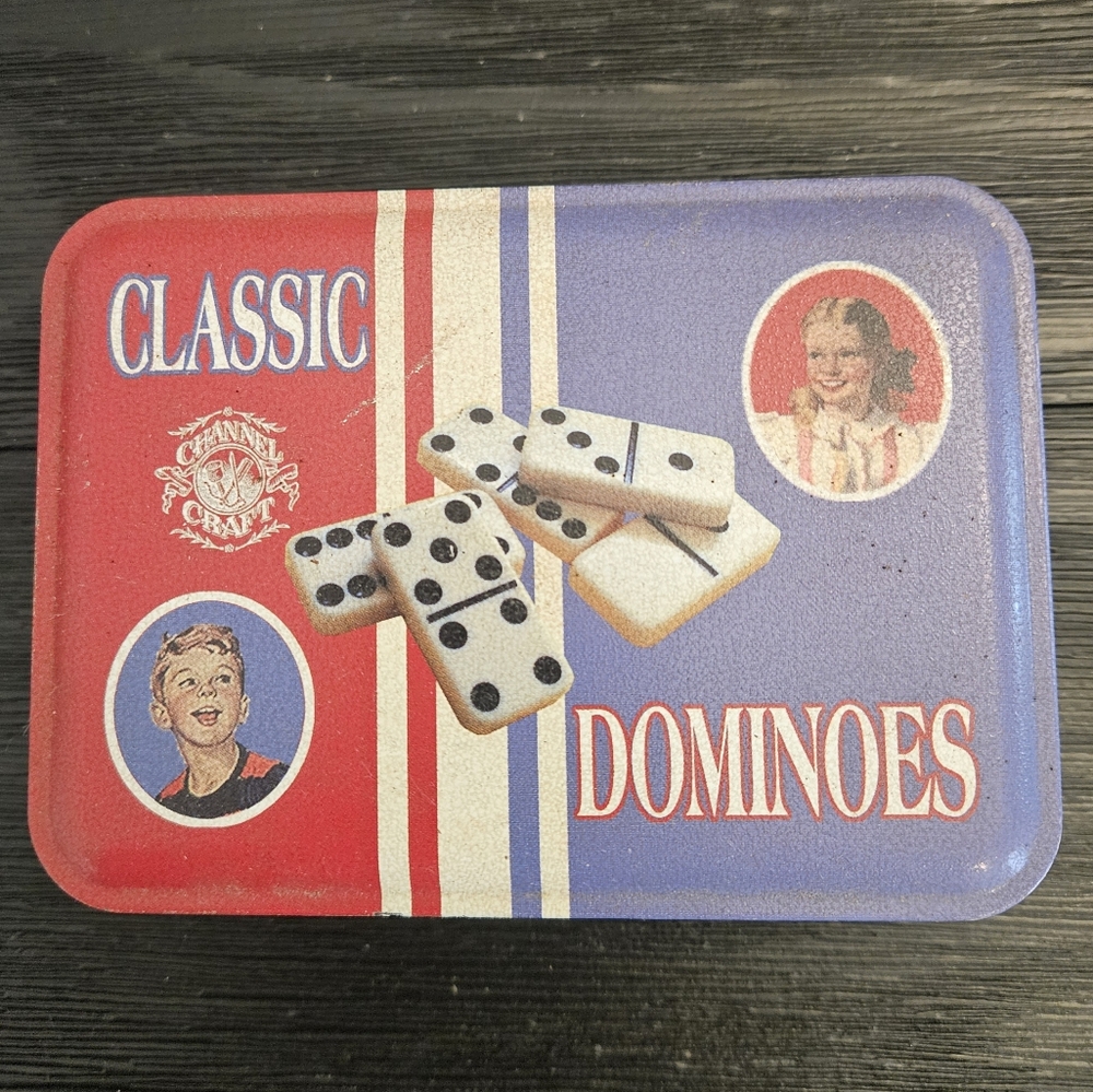 Vtg TIN BOX Full Set CLASSIC DOMINOES by ChannelCraft USA made! dated 2000